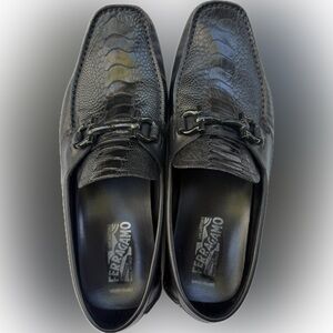 Salvatore Ferragamo Exotic Leather Ostrich Bit Loafers Black 9.5 Italy